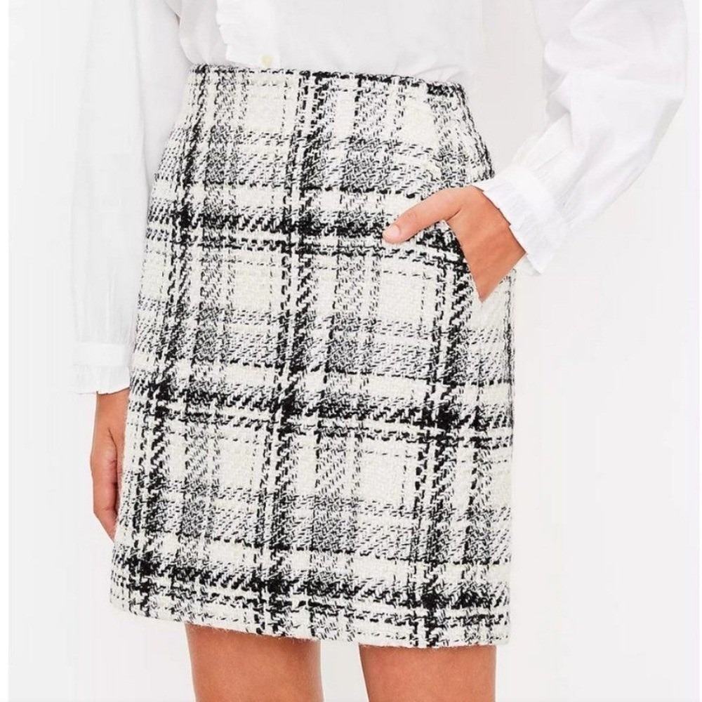 Loft Black White‎ Plaid Tweed Mini Skirt Metallic Gold Accent Pockets Size 10